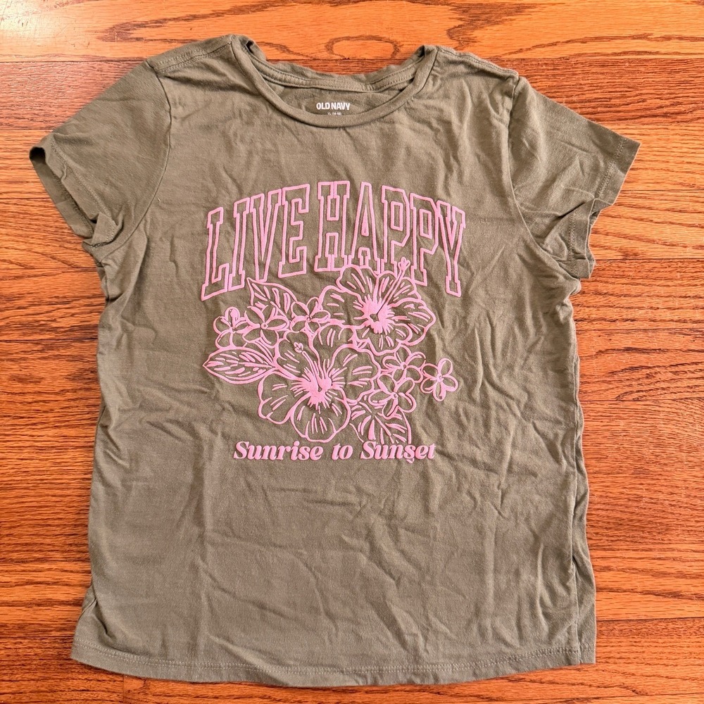 Old Navy Live Happy Sunrise to Sunset Floral Cottonโ Olive Short Sleeve Tee L